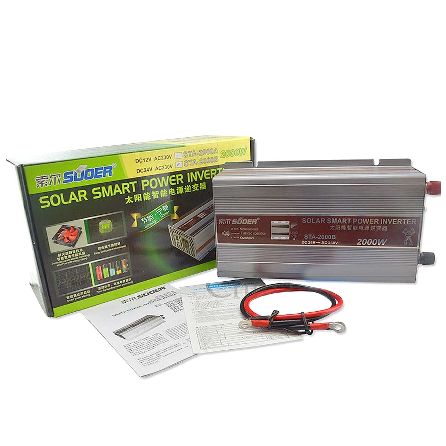 Original Suoer 24V 2000W Inverter STA-2000B 2022 Modified Sine Wave Solar Power USB 24V DC to 220VAC - shown with its retail box, user manual, and a pair of red and black battery cables.
