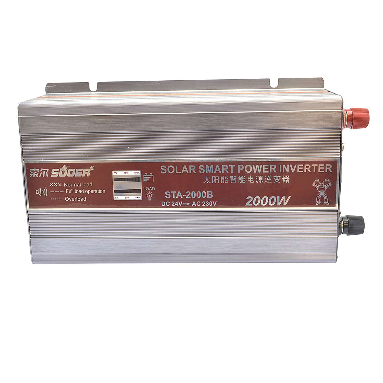 Original Suoer 24V 2000W Inverter STA-2000B 2022 Modified Sine Wave Solar Power USB 24V DC to 220VAC - a rectangular silver metal unit with a front display showing load and battery levels and two terminals.