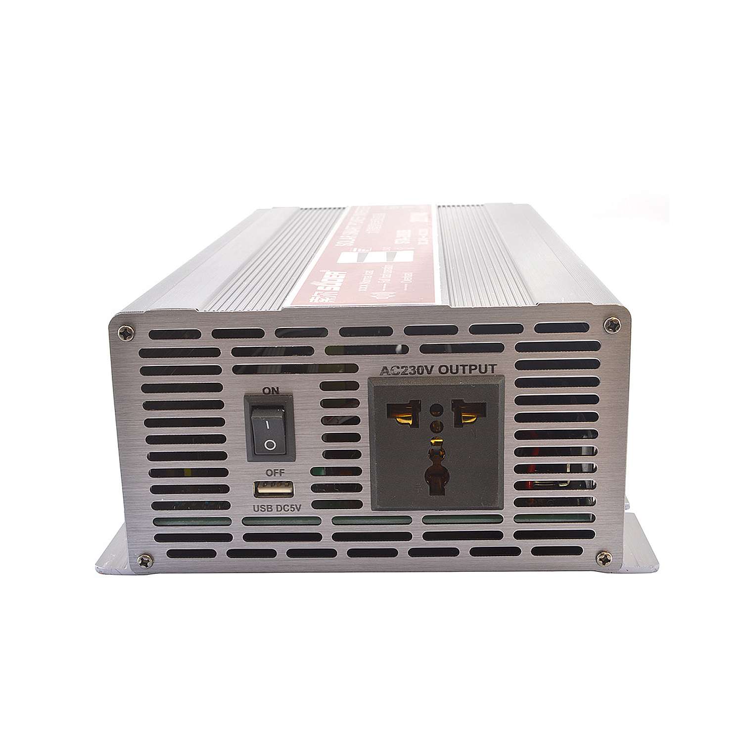 Original Suoer 24V 2000W Inverter STA-2000B 2022 Modified Sine Wave Solar Power USB 24V DC to 220VAC - a silver rectangular power inverter featuring an on/off switch, a USB DC5V port, and an AC230V output socket.