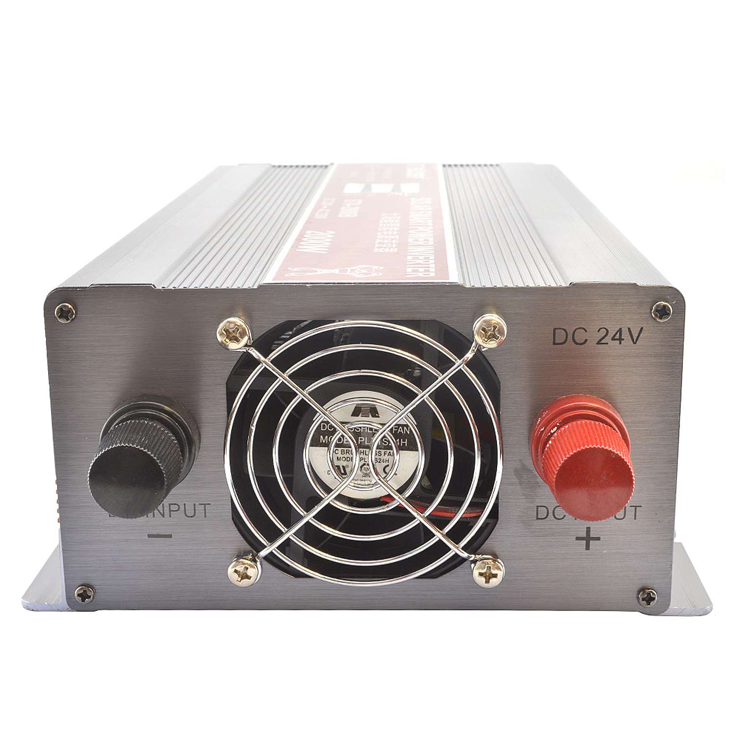 Original Suoer 24V 2000W Inverter STA-2000B 2022 Modified Sine Wave Solar Power USB 24V DC to 220VAC - the rear panel with a cooling fan, a black negative input terminal, and a red positive DC input terminal.