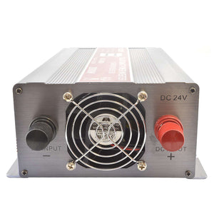 Original Suoer 24V 2000W Inverter STA-2000B 2022 Modified Sine Wave Solar Power USB 24V DC to 220VAC - the rear panel with a cooling fan, a black negative input terminal, and a red positive DC input terminal.
