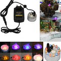 Original Ultrasonic Mist Maker Fogger 12 LED Colorful Light 24V 1A Humidifier with adapter - lights, power adapter, and example images of the device creating mist in water bowls and a rock fountain.