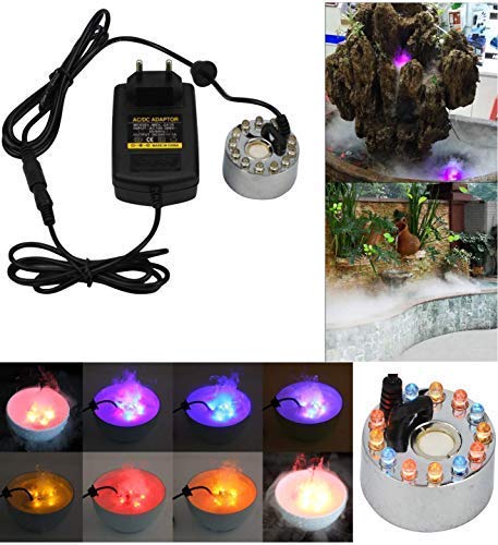 Original Ultrasonic Mist Maker Fogger 12 LED Colorful Light 24V 1A Humidifier with adapter - lights, power adapter, and example images of the device creating mist in water bowls and a rock fountain.