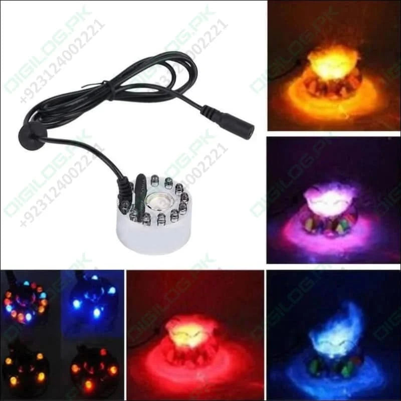 Original Ultrasonic Mist Maker Fogger 12 LED Colorful Light 24V 1A Humidifier with adapter - round unit, power cable, and multiple views of it emitting colored fog.