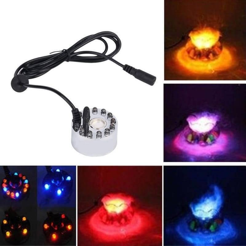 Original Ultrasonic Mist Maker Fogger 12 LED Colorful Light 24V 2A Humidifier - with a power cable and connector, shown with various colorful light effects.