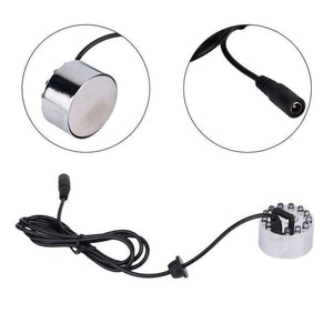 Original Ultrasonic Mist Maker Fogger 12 LED Colorful Light 24V 2A Humidifier - shown with a silver cylindrical unit, a power cable, and a DC connector.