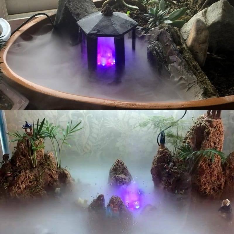 Original Ultrasonic Mist Maker Fogger 12 LED Colorful Light 24V 2A Humidifier - shown creating fog in two decorative indoor water features with purple lights.