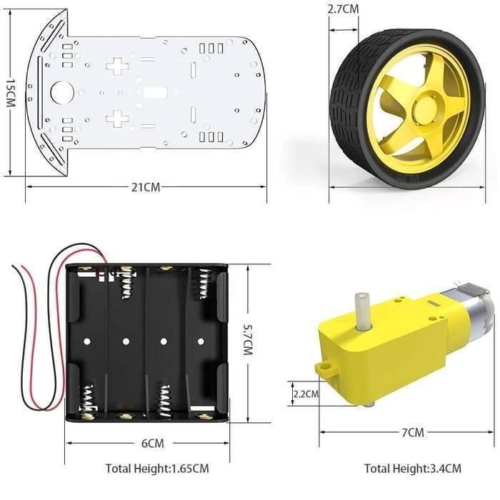 Orignal Imported 2wd Smart Robot Car Chassis Kit - shown in a technical diagram with dimensions for the base plate, wheel, battery holder, and motor.