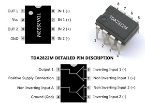 Orignal TDA2822 Dual Power Amplifier - shown in a diagram with pinout labels, a top-down view, and a 3D perspective view of the 8-pin integrated circuit chip.