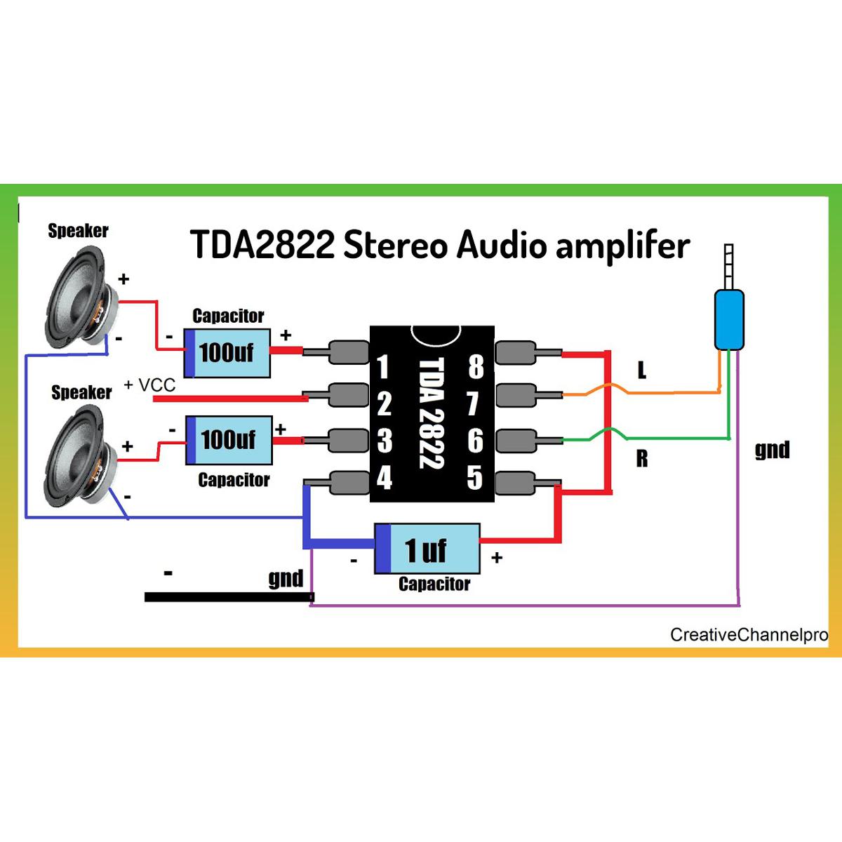 Orignal TDA2822 Dual Power Amplifier - the chip pin connections to speakers, capacitors, and an audio input jack.