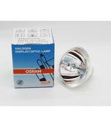 Osram 12V 100W Halogen Display Optic Lamp - Osram 64634 HLX EFR 15V 150W halogen display lamp beside its blue and white product box, showing the glass reflector and bulb assembly.