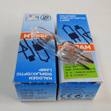 OSRAM 64655 24V 250W G6.35 Halogen Bulb For Microscope Surgical Shadowless Lamp Slide Projector Bulb - resting on two blue product boxes with printed technical specifications and manufacturer information.