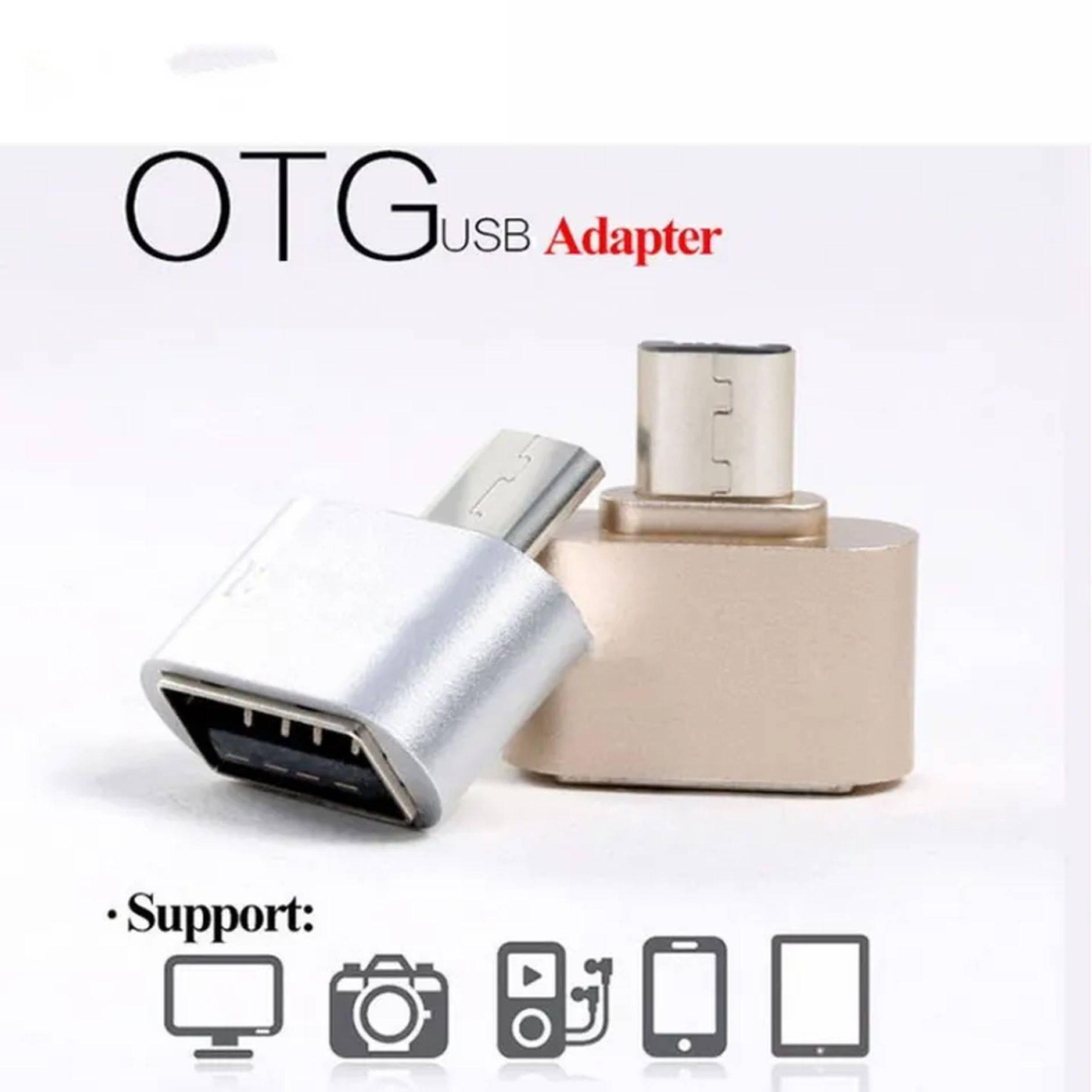 OTG Connector For Connects Your Smartphone With a USB, Keyboard , Mouse , Data USB - two metallic OTG connectors in silver and gold with a micro-USB male plug and a female USB port, with support icons below.