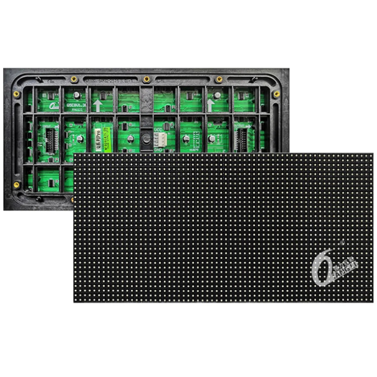 Outdoor P5 LED Display Module - the black front LED matrix and the green circuit board rear with ribbon cable connectors and power ports.