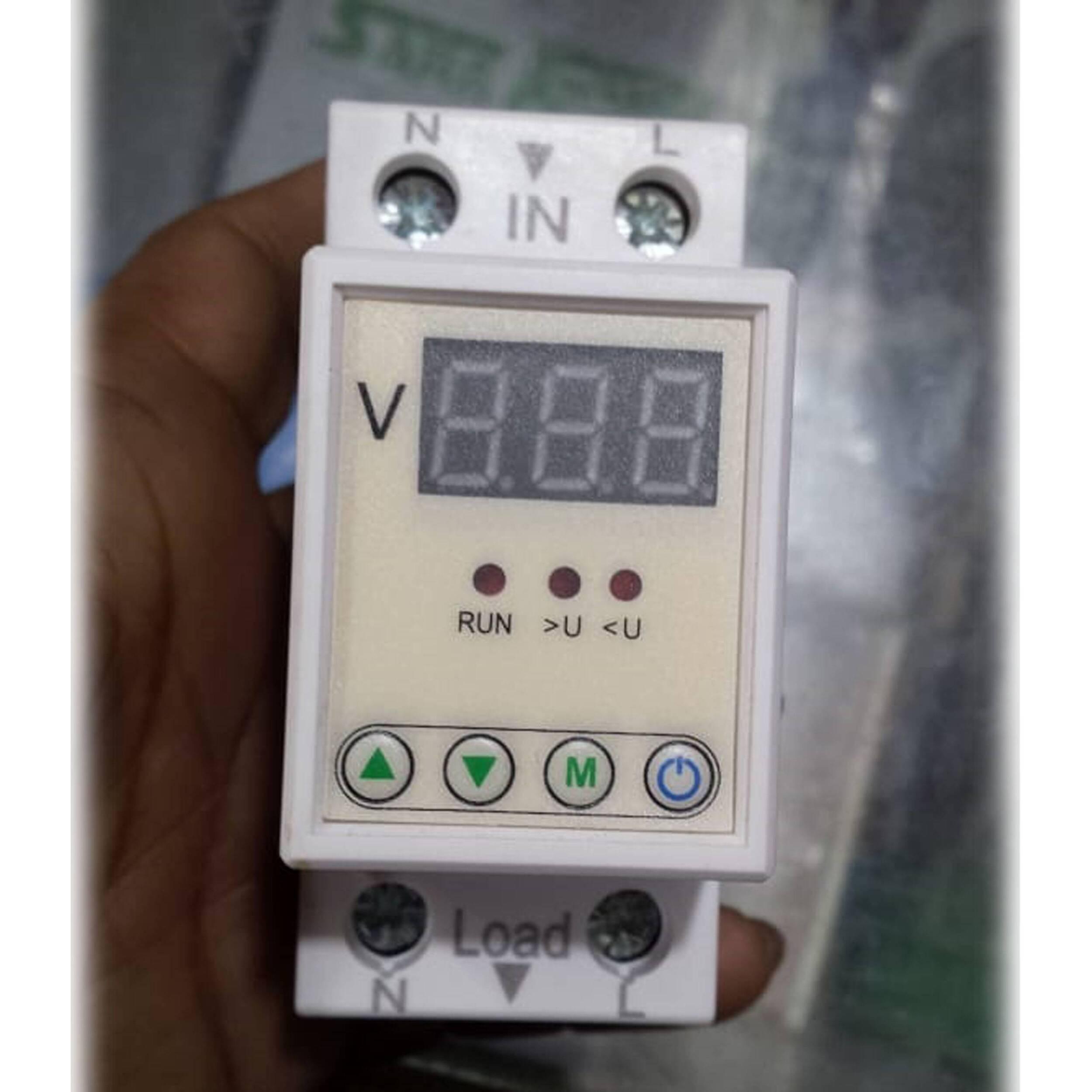 Over And Under Voltage Relay Protective Device V-protector Protector VP-40A - a white modular device with a digital display, three indicator lights, four buttons, and N/L terminals.