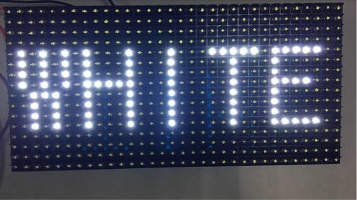 P 10 White LED Display Panel LED Module - a rectangular grid of white LEDs illuminated to display the word WHITE.