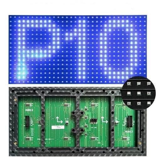 P10 Blue SMD LED Display Panel Semi Outdoor LED Module - a front view with the text "P10" illuminated in blue LEDs and a rear view showing green circuit boards and HUB12 ports.