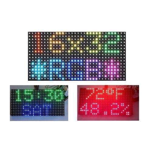 P10 Full Color LED Display Video Module 320x160mm - shown in three different states displaying multicolored text, numbers, symbols, time, and temperature.