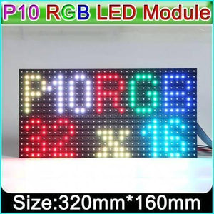 P10 Full Color LED Display Video Module 320x160mm - a rectangular 320mm x 160mm display panel showing multicolored text and characters on a black grid of individual LED lights.
