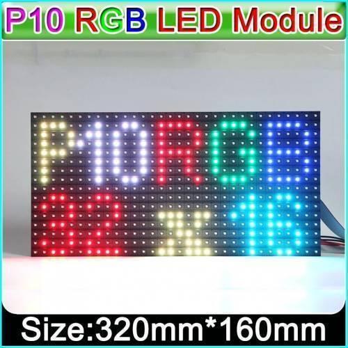 P10 Full Color LED Display Video Module 320x160mm - a rectangular 320mm x 160mm display panel showing multicolored text and characters on a black grid of individual LED lights.