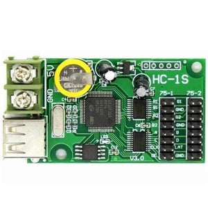 P10 RGB Controller Hc-1s Full Color RGB LED Control Card With 2*HUB75B Port - a green rectangular circuit board featuring a USB port, a screw terminal, a coin cell battery, and two HUB75 ports.