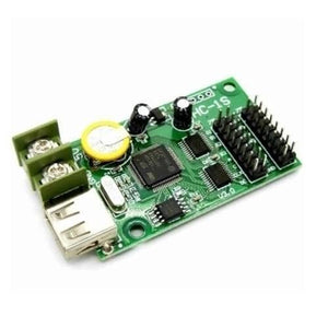 P10 RGB Controller Hc-1s Full Color RGB LED Control Card With 2*HUB75B Port - a green rectangular circuit board featuring a USB port, a two-pin screw terminal, and two rows of HUB75B header pins.