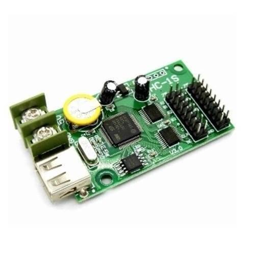 P10 RGB Controller Hc-1s Full Color RGB LED Control Card With 2*HUB75B Port - a green rectangular circuit board featuring a USB port, a two-pin screw terminal, and two rows of HUB75B header pins.