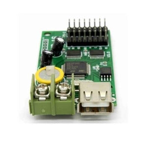 P10 RGB Controller Hc-1s Full Color RGB LED Control Card With 2*HUB75B Port - a green circuit board with a USB port, a screw terminal block, a yellow button battery, and a row of pin connectors.