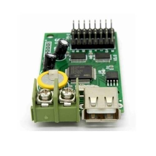 P10 RGB Controller Hc-1s Full Color RGB LED Control Card With 2*HUB75B Port - a green circuit board with a USB port, a screw terminal block, a yellow button battery, and a row of pin connectors.