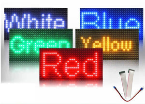 P10 SMD LED Display Board - five rectangular modules in white, blue, green, yellow, and red, with a ribbon cable and power connector included.