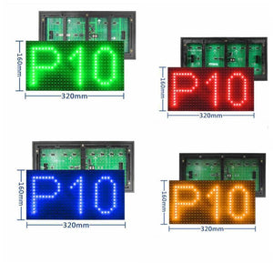 P10 SMD LED Display Board - shown in green, red, blue, and yellow, each measuring 320mm by 160mm and displaying the text P10 with rear circuit boards.