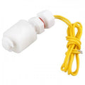 P45 Vertical Mount Float Switch For Water Level Sensing - a white plastic liquid level sensor with a cylindrical float, threaded mounting base, and two yellow electrical wires.