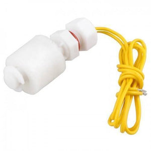 P45 Vertical Mount Float Switch For Water Level Sensing - a white plastic liquid level sensor with a cylindrical float, threaded mounting base, and two yellow electrical wires.