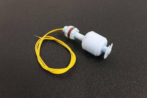 P45 Vertical Mount Float Switch For Water Level Sensing - a white plastic liquid level sensor with an orange O-ring, a threaded mounting base, and attached yellow wires.