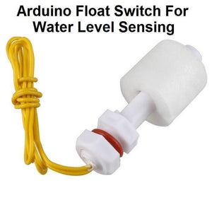 P45 Vertical Mount Float Switch For Water Level Sensing - a white plastic liquid level sensor with a cylindrical float and a red rubber gasket, connected to yellow electrical wires.
