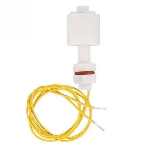 P45 Vertical Mount Float Switch For Water Level Sensing - a white plastic vertical float sensor with a red O-ring and a coiled yellow two-wire electrical cable.