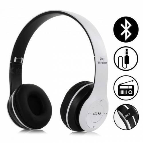 P47 Wireless Bluetooth Headphone - headphones in white and black, shown with circular icons representing Bluetooth, wired connection, radio, and memory card support.