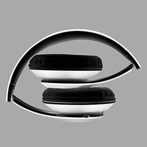 P47 Wireless Bluetooth Headphone - shown in a folded position with black ear cushions, a white frame, and a visible charging port on the bottom edge.