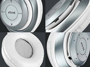 P47 Wireless Bluetooth Headphone - a collage showing close-ups of the silver and white ear cup, control buttons, charging port, and audio jack.