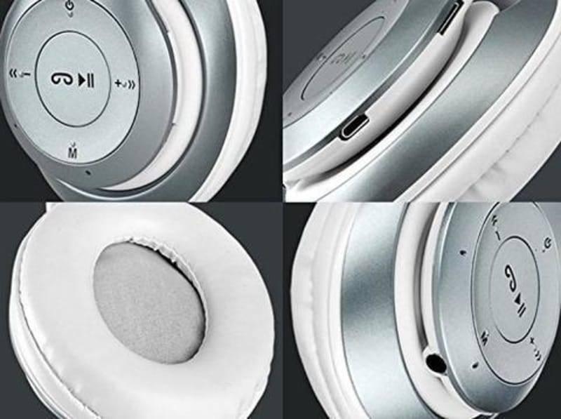 P47 Wireless Bluetooth Headphone - a collage showing close-ups of the silver and white ear cup, control buttons, charging port, and audio jack.