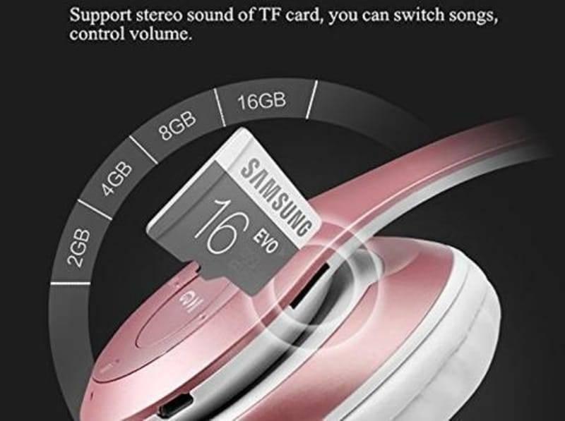 P47 Wireless Bluetooth Headphone - a close-up showing a rose gold ear cup with a slot for a 16GB Samsung EVO TF card.