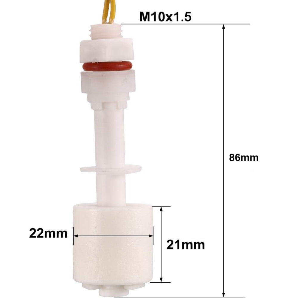 P52 High Voltage 220V AC Float Switch for Industrial Liquid Level Control - shown in a dimension diagram with white plastic components, a red O-ring, and yellow wires labeled with measurements.