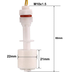 P52 High Voltage 220V AC Float Switch for Industrial Liquid Level Control - shown in a dimension diagram with white plastic components, a red O-ring, and yellow wires labeled with measurements.