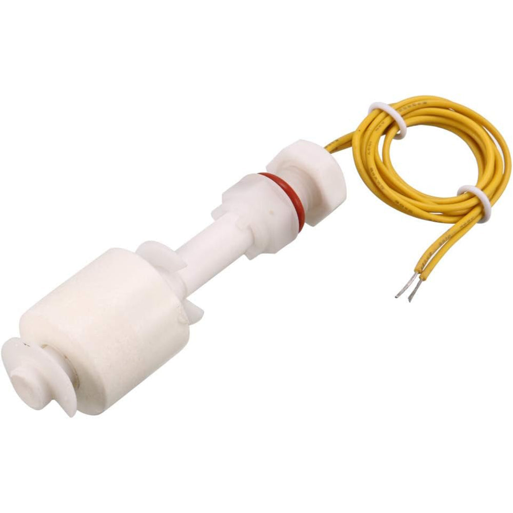 P52 High Voltage 220V AC Float Switch for Industrial Liquid Level Control - a white plastic liquid level sensor with a red O-ring, a vertical float, and two yellow wires.