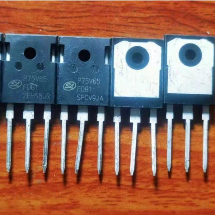 P75V65 IGBT Transistor - a row of four black electronic components with three metal pins each, viewed from the front and back.