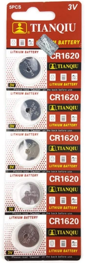 Pack of 5 CR1620 Lithium Coin Button Battery Cell TIANQIU price - a retail packaging card containing five 3V coin cell batteries arranged in a vertical column.