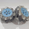 (Pair Left + Right) 95mm Mecanum Omni-directional Wheels - with clear plastic frames, light blue centers, and grey rubber rollers.