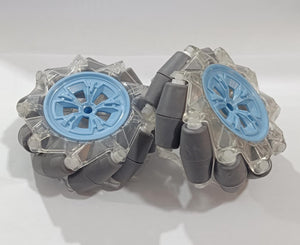(Pair Left + Right) 95mm Mecanum Omni-directional Wheels - with clear plastic frames, light blue centers, and grey rubber rollers.