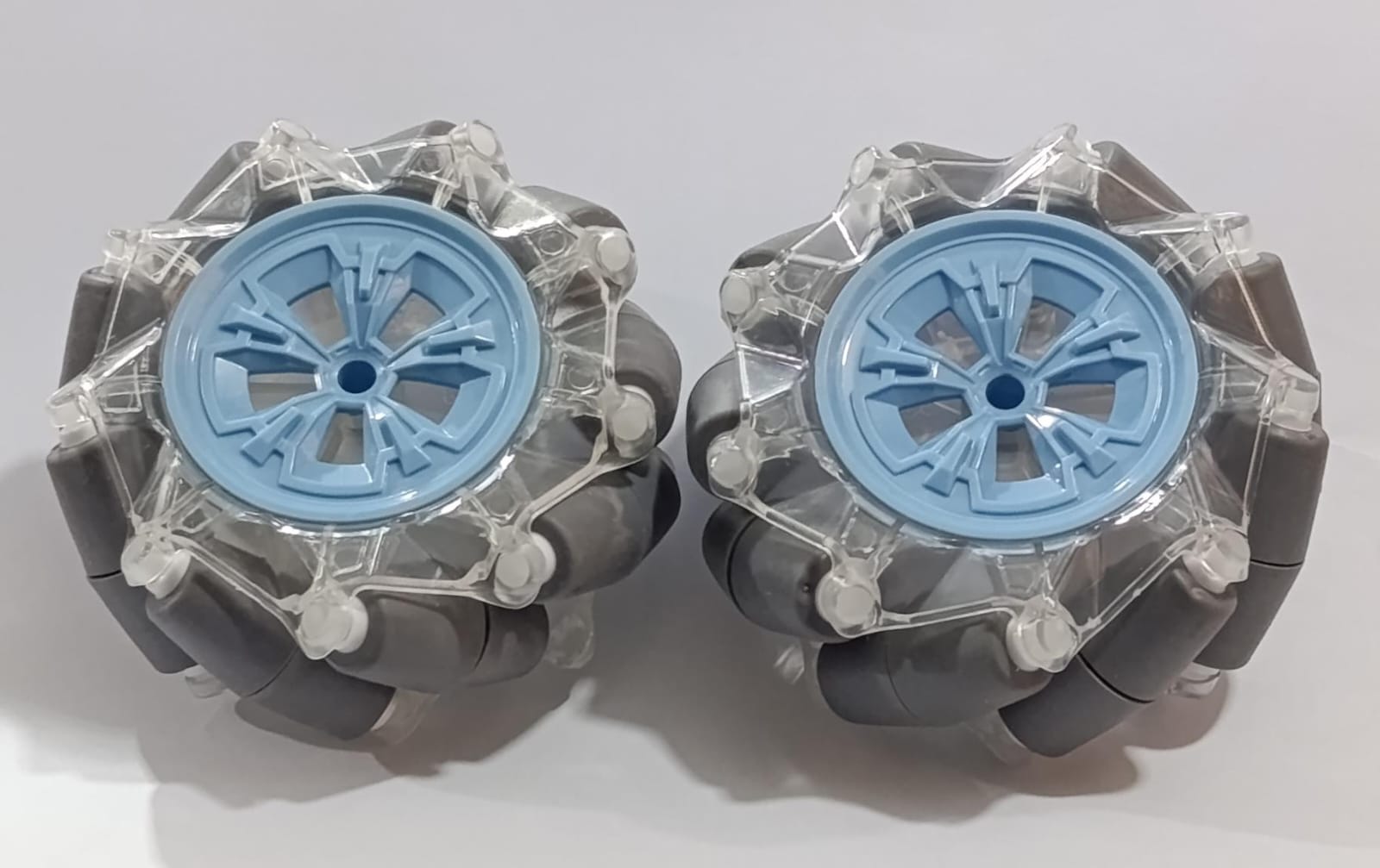 (Pair Left + Right) 95mm Mecanum Omni-directional Wheels - with light blue centers and grey rollers arranged around the perimeter.