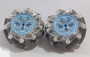 (Pair Left + Right) 95mm Mecanum Omni-directional Wheels - with light blue centers and grey rollers arranged around the perimeter.